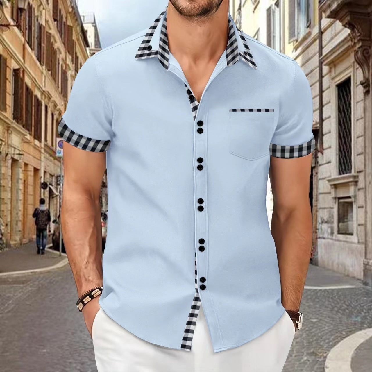 Men's Shirt Casual Pocket Stitching Contrast Color Top - Your Shopify
