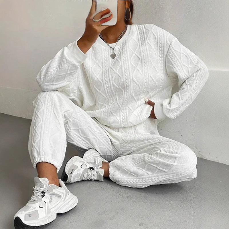 Women's Solid Color Long Sleeve Round Neck Top & Cuffed Pants Set - Ribbed Trim, Minimalist Casual Loungewear For Fall&Winter