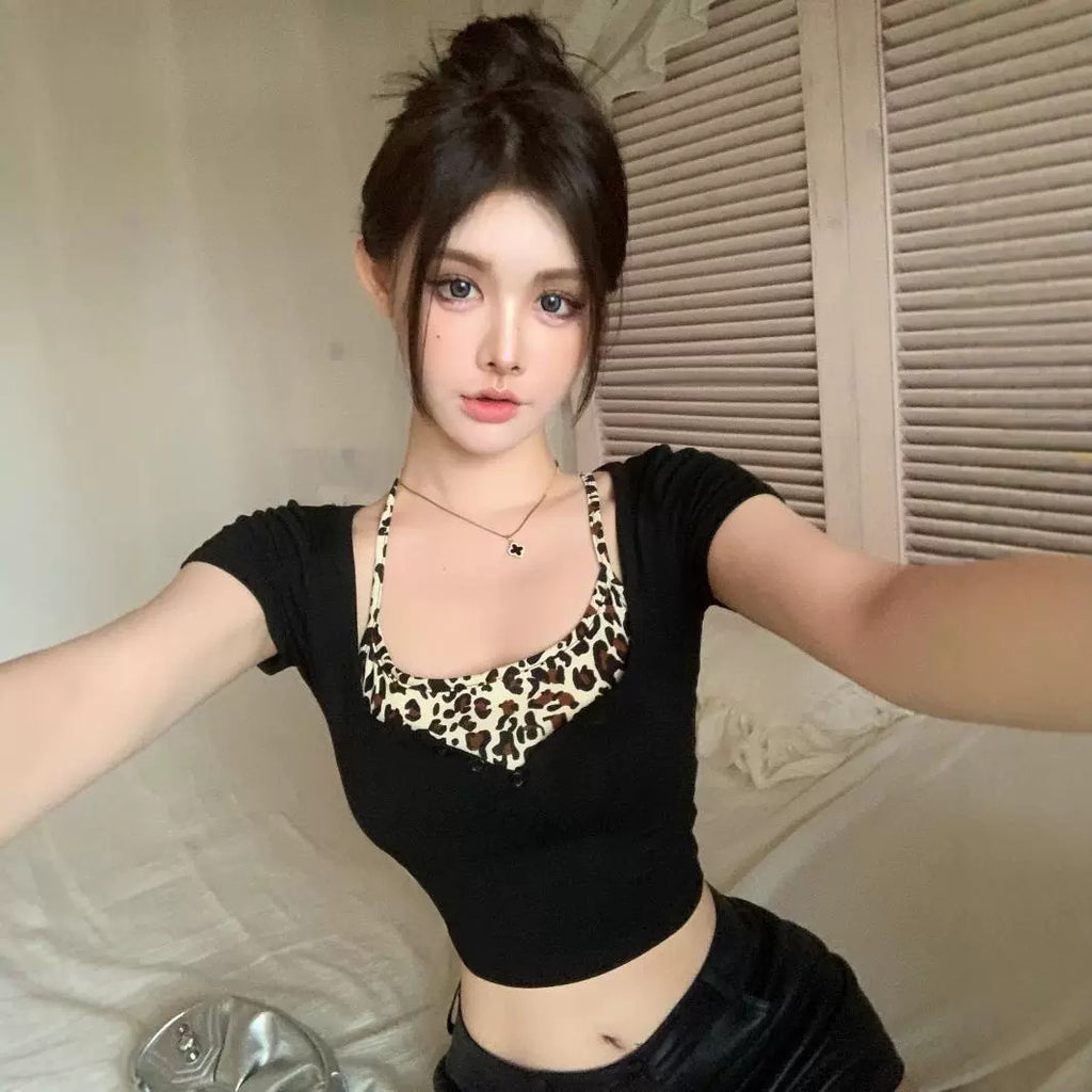 Design Leopard Print Halter Skinny Short T-shirt