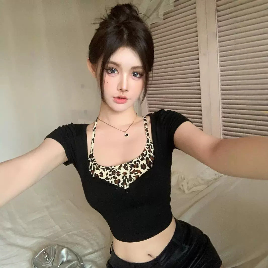 Design Leopard Print Halter Skinny Short T-shirt