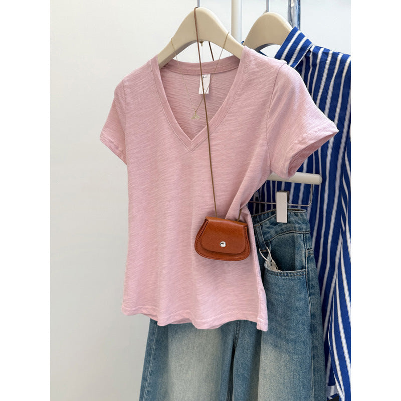 American-style Solid Color Slim-fit V-neck Short-sleeved Top - Your Shopify