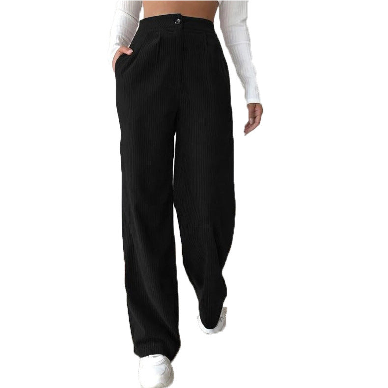 Women's High Waist Casual Pants Solid Color Corduroy Baggy Straight Trousers - Your Shopify