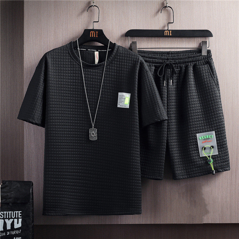 Men's Trendy Solid Color Casual T-shirt Lace-up Five-point Pants Suit - Your Shopify