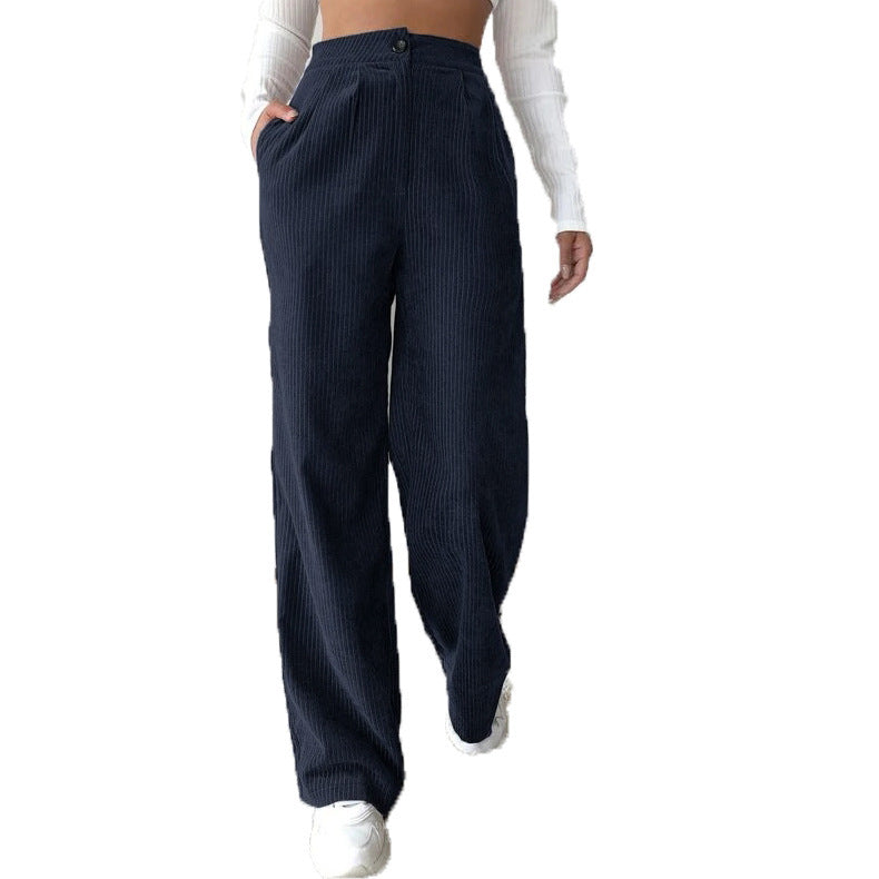 Women's High Waist Casual Pants Solid Color Corduroy Baggy Straight Trousers - Your Shopify