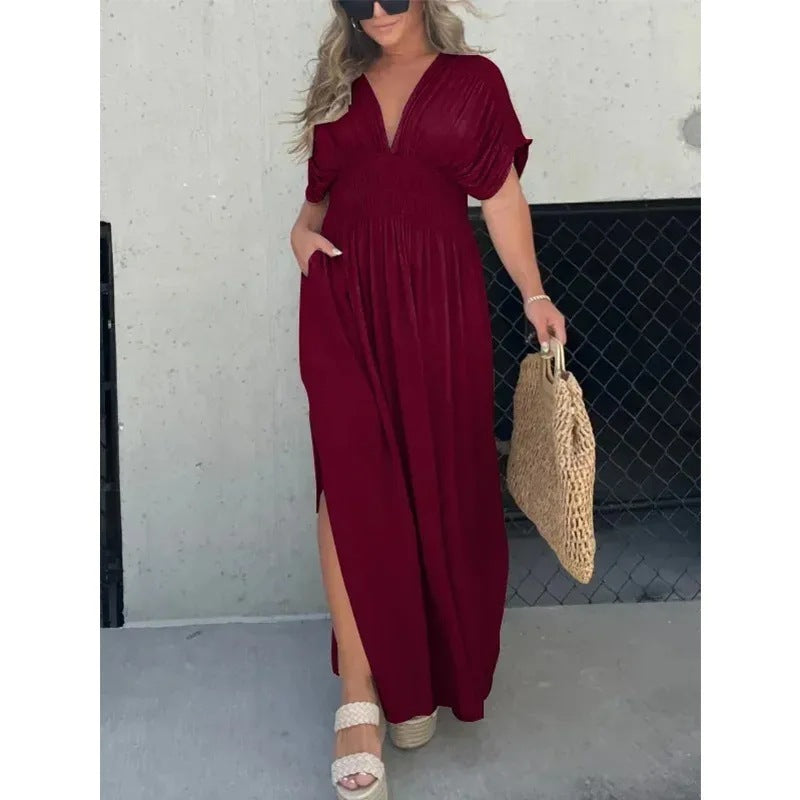 Fashion Bat-sleeved V-neck Slit Dress Summer Short Sleeve Elastic Waist Long Dresses Womens Clothing - Your Shopify