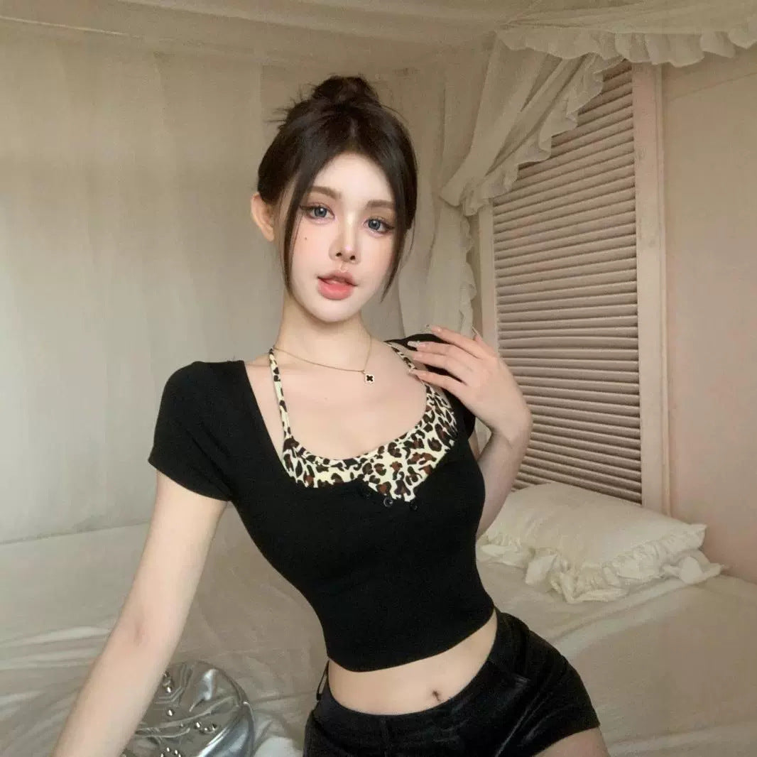 Design Leopard Print Halter Skinny Short T-shirt