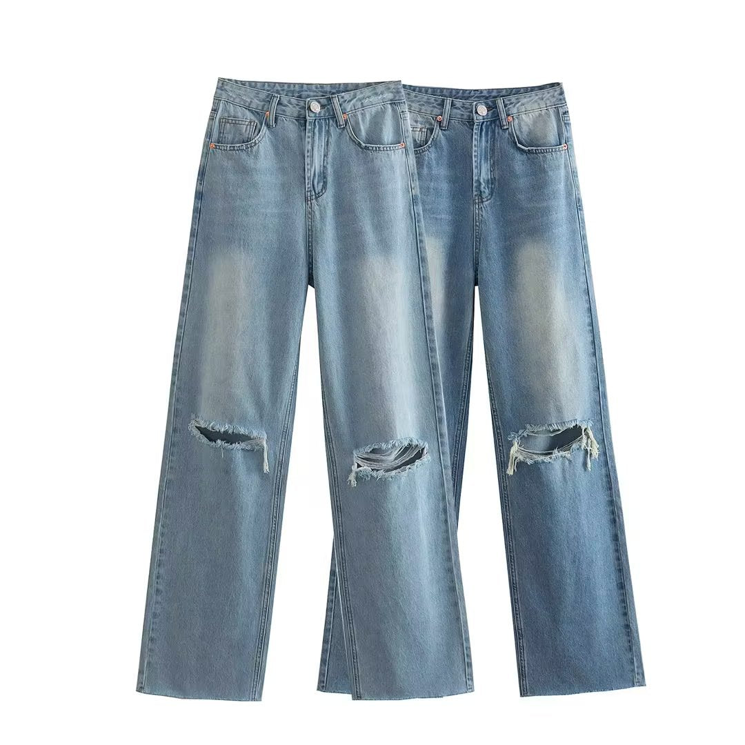 Spring And Summer Women's Perforated Hole Decoration High Waist Wide Leg Jeans - Your Shopify