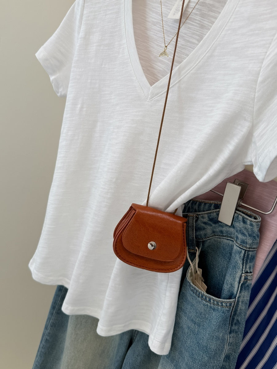 American-style Solid Color Slim-fit V-neck Short-sleeved Top