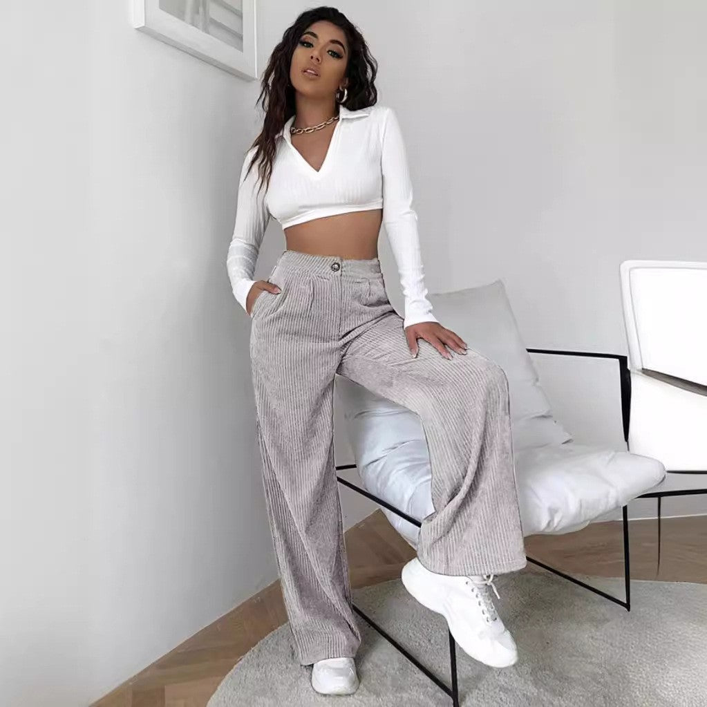 Women's High Waist Casual Pants Solid Color Corduroy Baggy Straight Trousers - Your Shopify