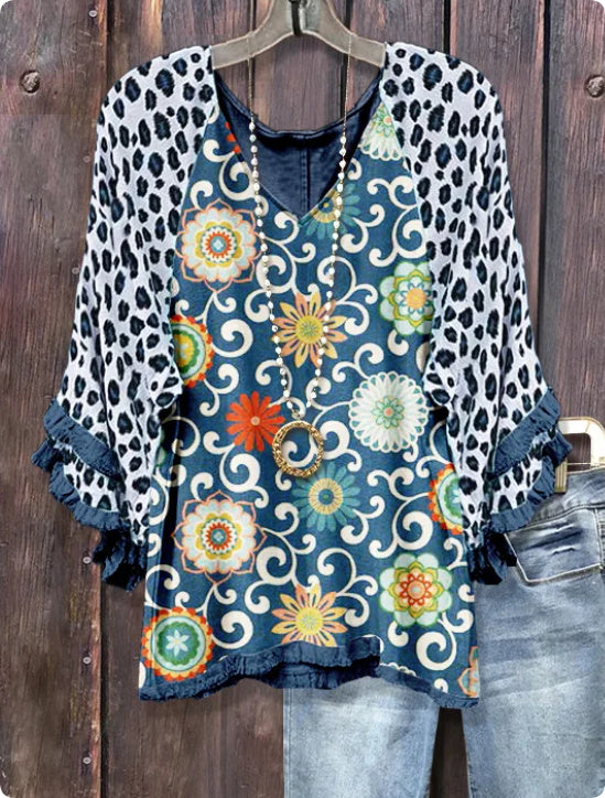 Women's V-neck Fashion Lotus Sleeve T-shirt