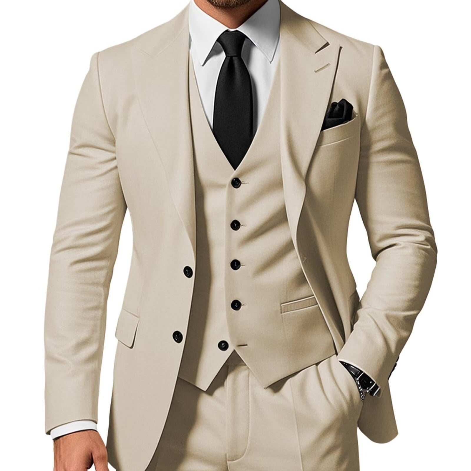 Men's Solid Color 2-piece Buckle Casual Jacket Vest Pants Set
