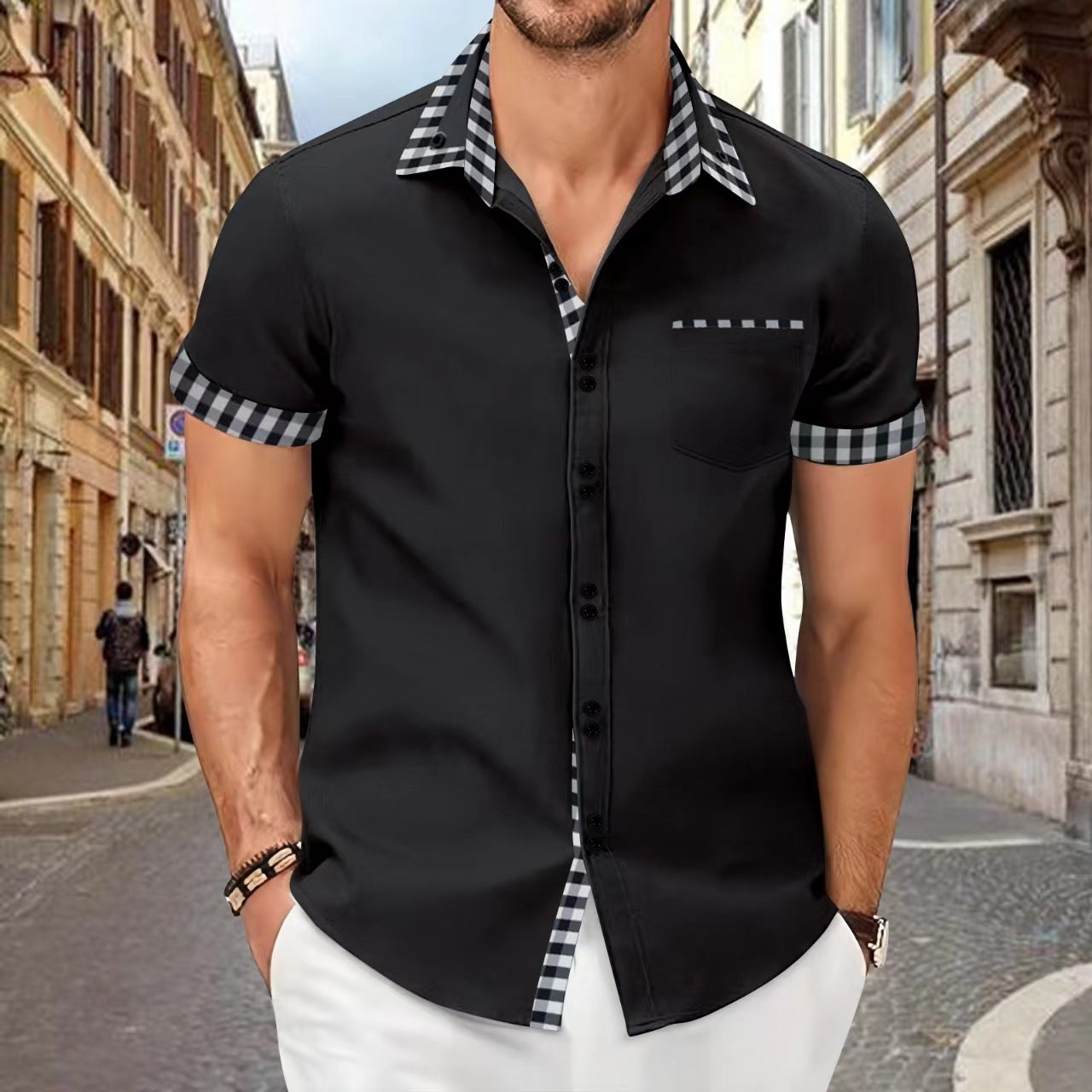 Men's Shirt Casual Pocket Stitching Contrast Color Top - Your Shopify