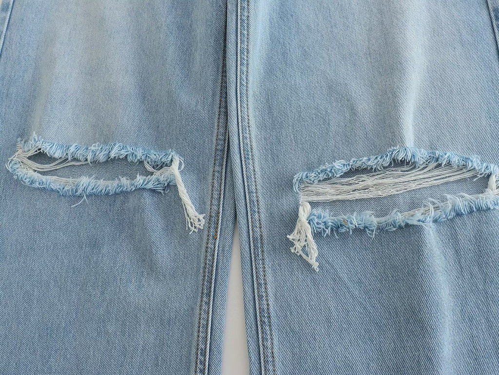 Spring And Summer Women's Perforated Hole Decoration High Waist Wide Leg Jeans - Your Shopify