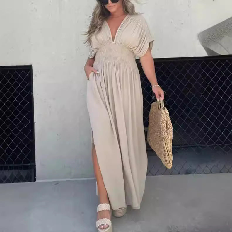 Fashion Bat-sleeved V-neck Slit Dress Summer Short Sleeve Elastic Waist Long Dresses Womens Clothing - Your Shopify
