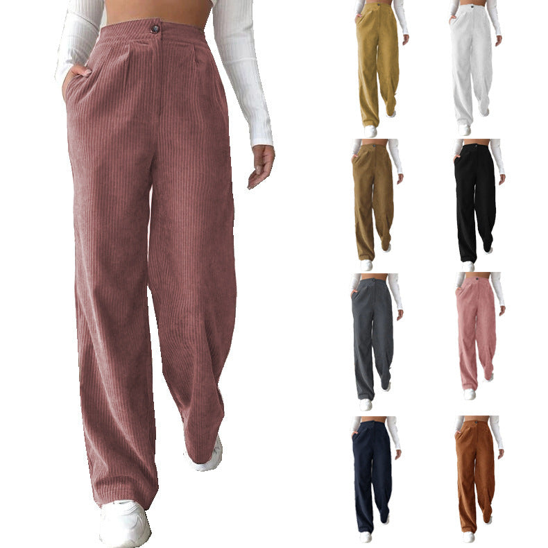 Women's High Waist Casual Pants Solid Color Corduroy Baggy Straight Trousers - Your Shopify