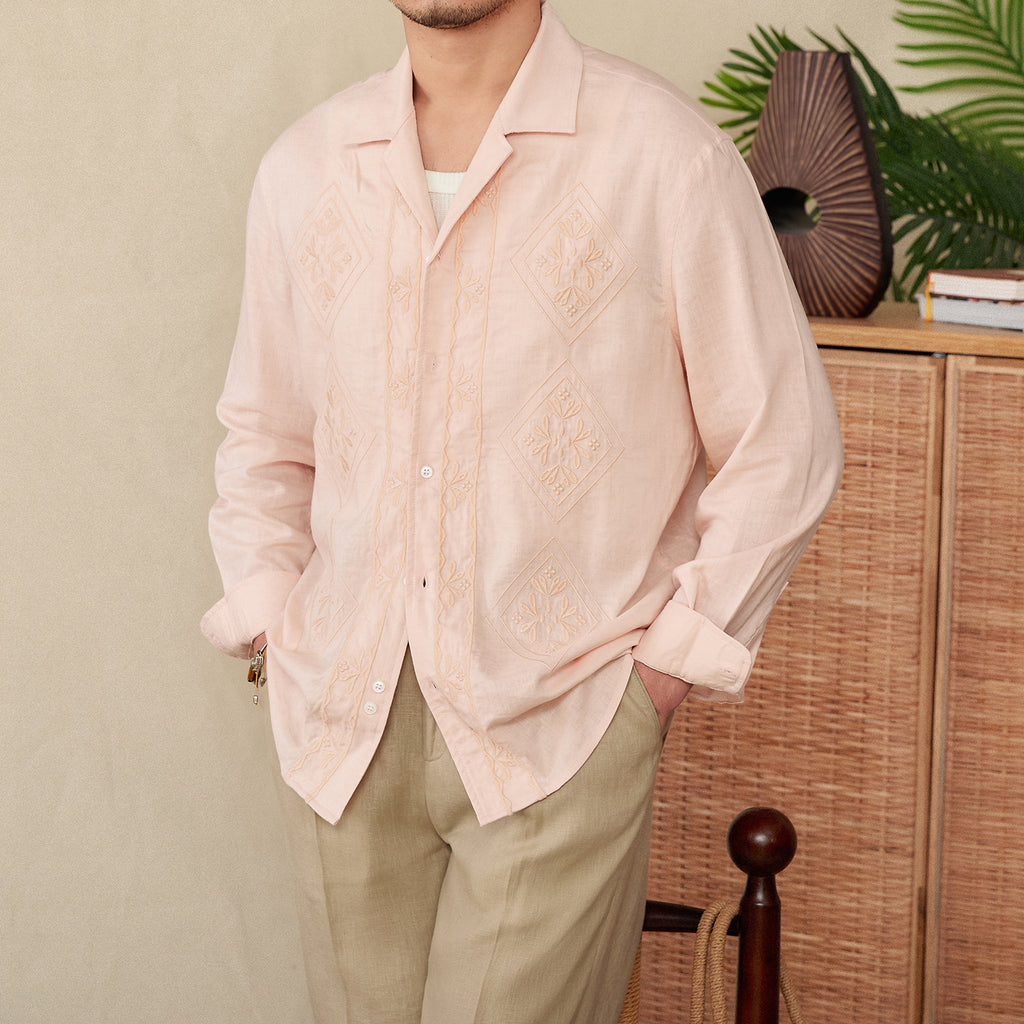 Cotton And Linen Thin Embroidery Cuban Collar Long Sleeve Sunscreen Shirt - Your Shopify