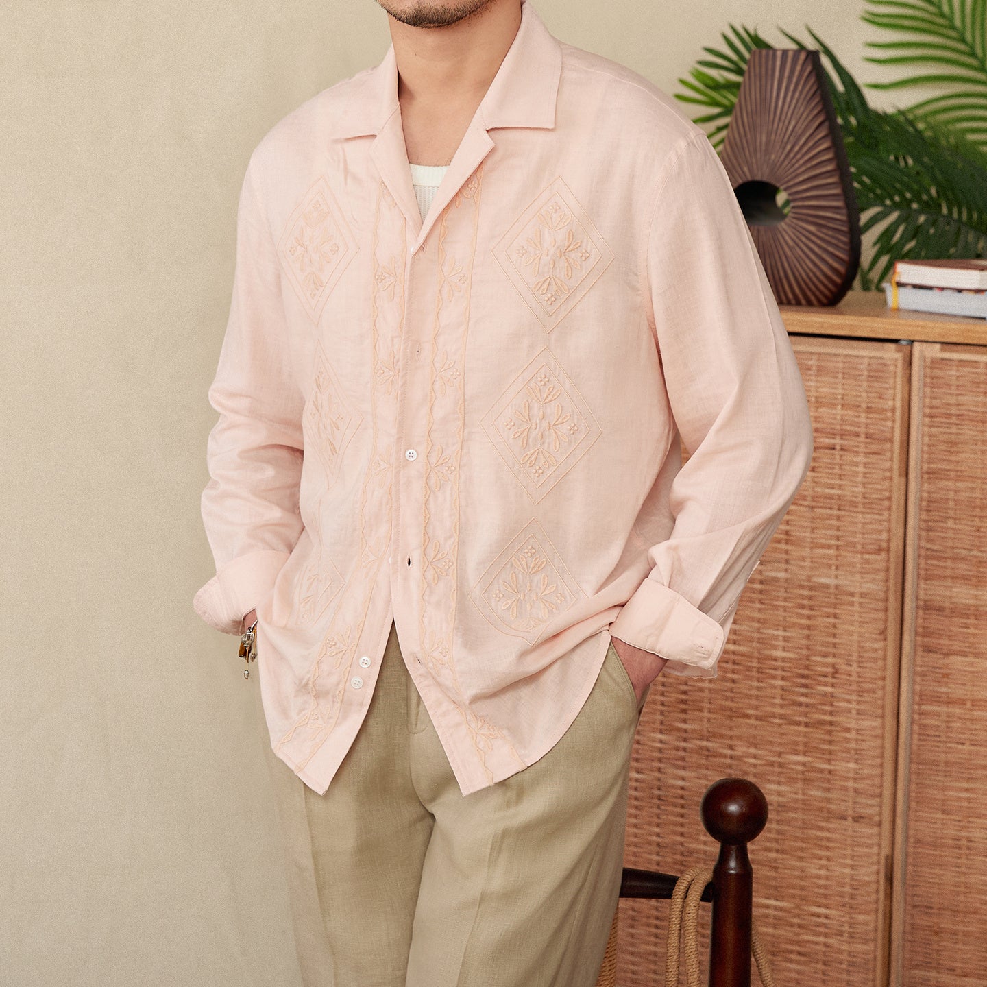 Cotton And Linen Thin Embroidery Cuban Collar Long Sleeve Sunscreen Shirt - Your Shopify