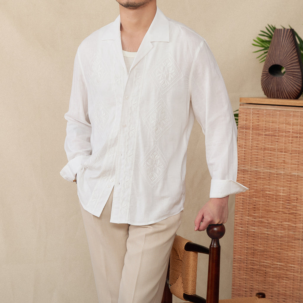 Cotton And Linen Thin Embroidery Cuban Collar Long Sleeve Sunscreen Shirt - Your Shopify