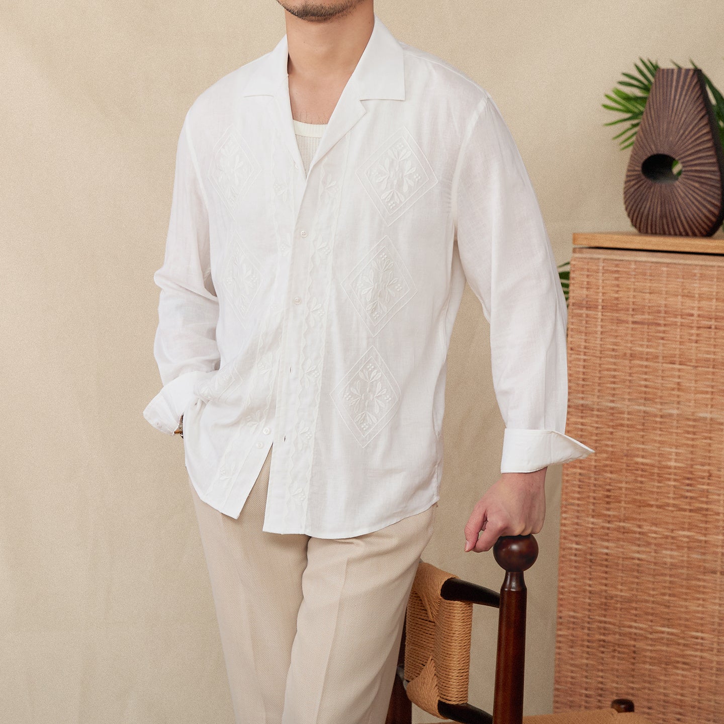 Cotton And Linen Thin Embroidery Cuban Collar Long Sleeve Sunscreen Shirt - Your Shopify