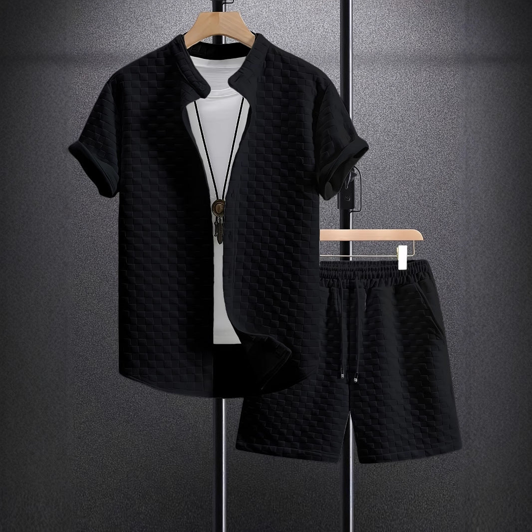 Men's Jacquard Casual Short Sleeve Shirt Outfit - Your Shopify