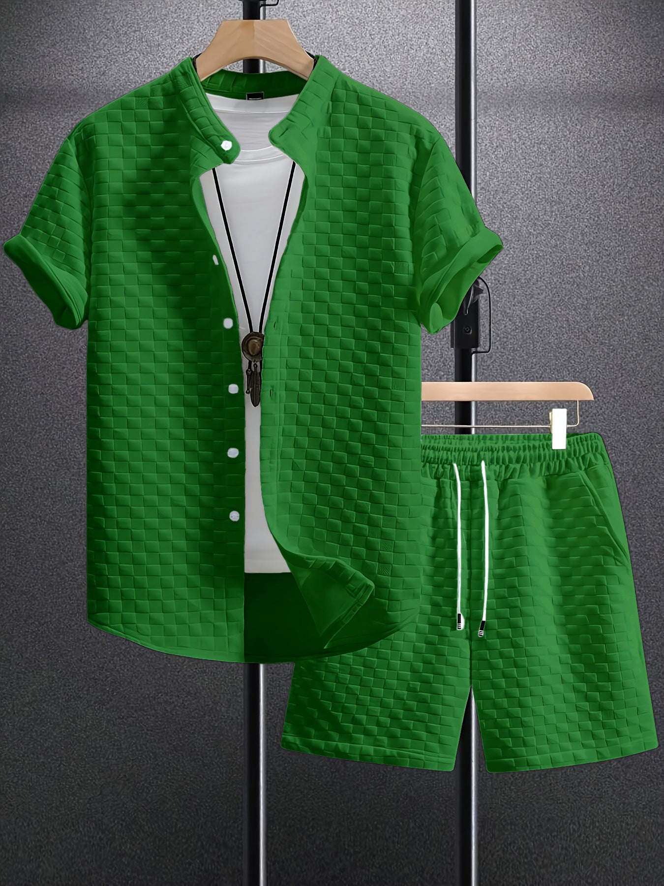 Men's Jacquard Casual Short Sleeve Shirt Outfit - Your Shopify
