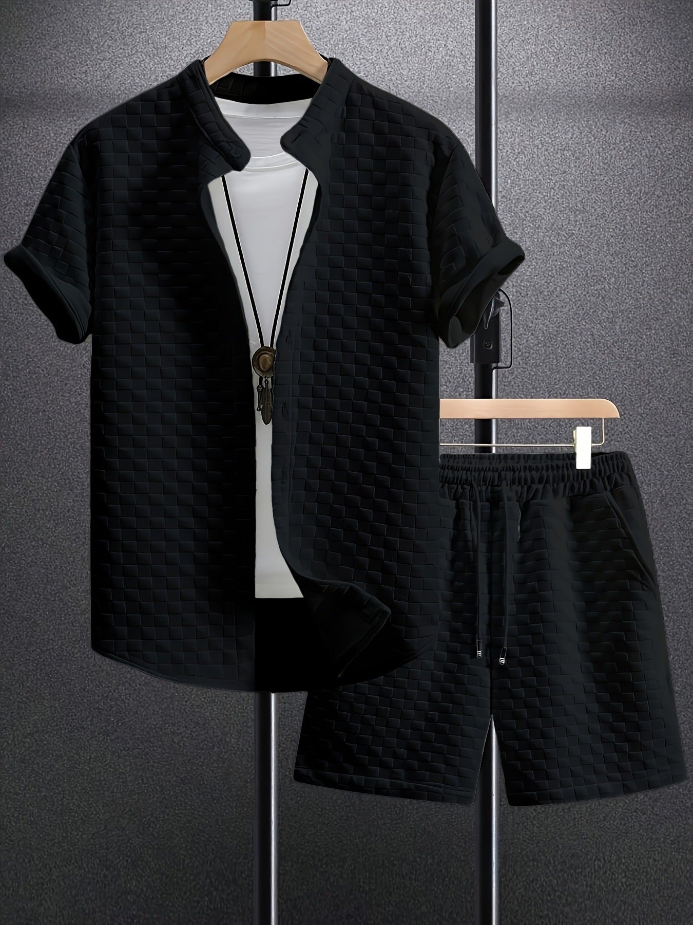 Men's Jacquard Casual Short Sleeve Shirt Outfit - Your Shopify