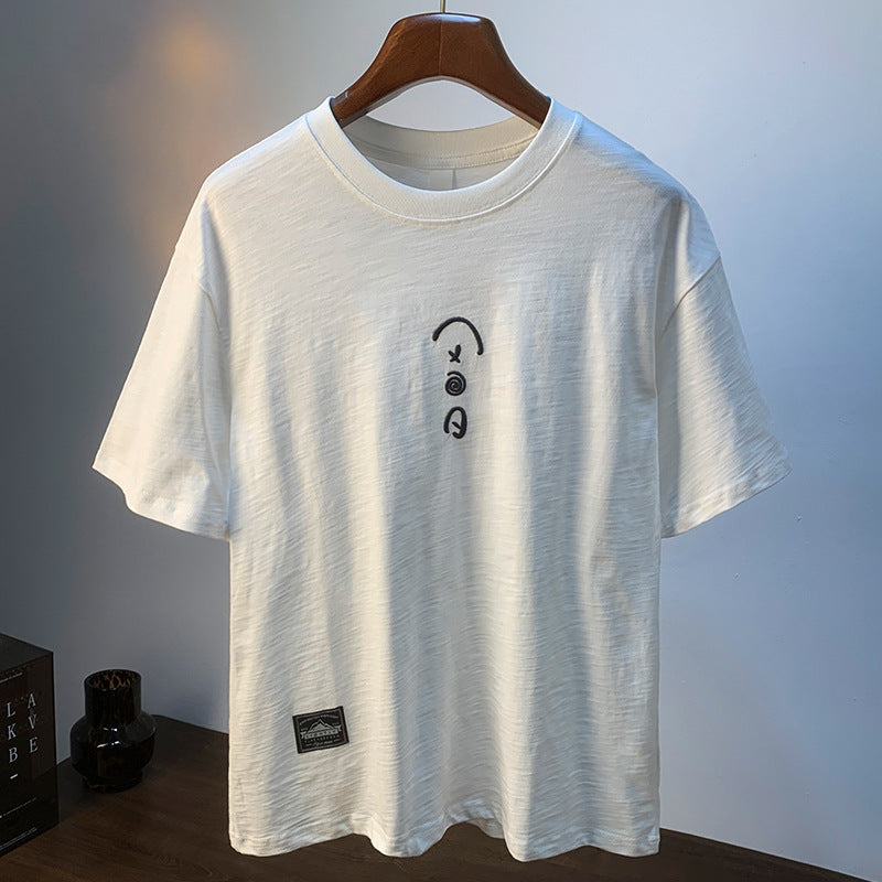 Cotton White T-shirt Men's Summer Thin Loose Plus Size Short-sleeve Embroidered - Your Shopify