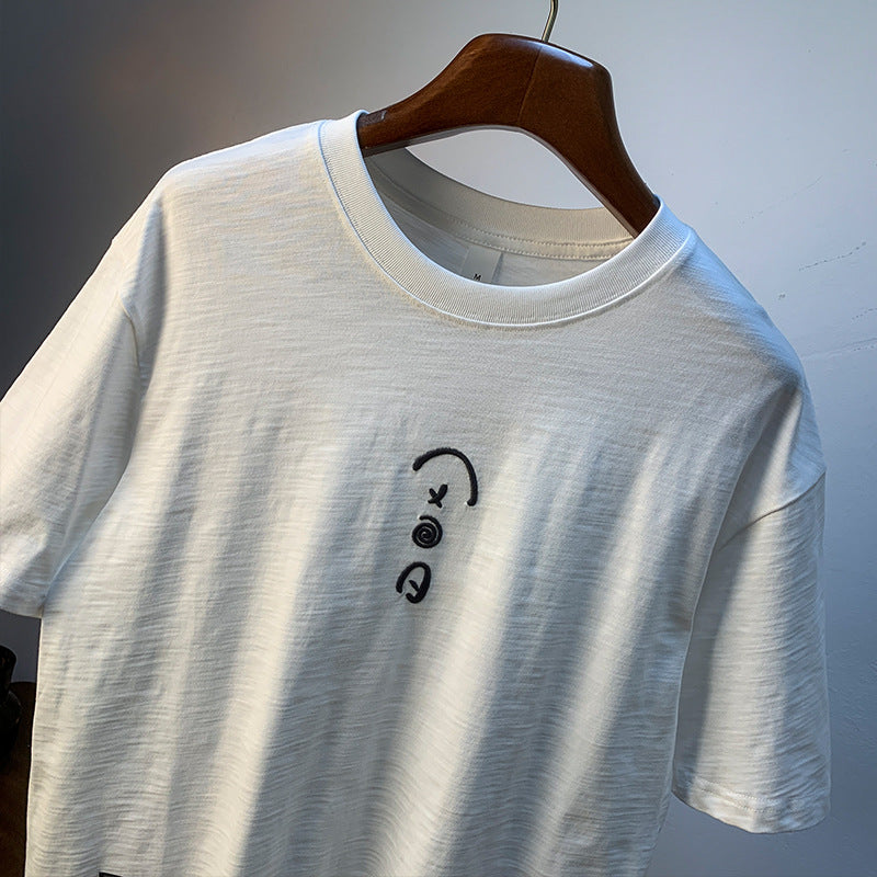 Cotton White T-shirt Men's Summer Thin Loose Plus Size Short-sleeve Embroidered - Your Shopify