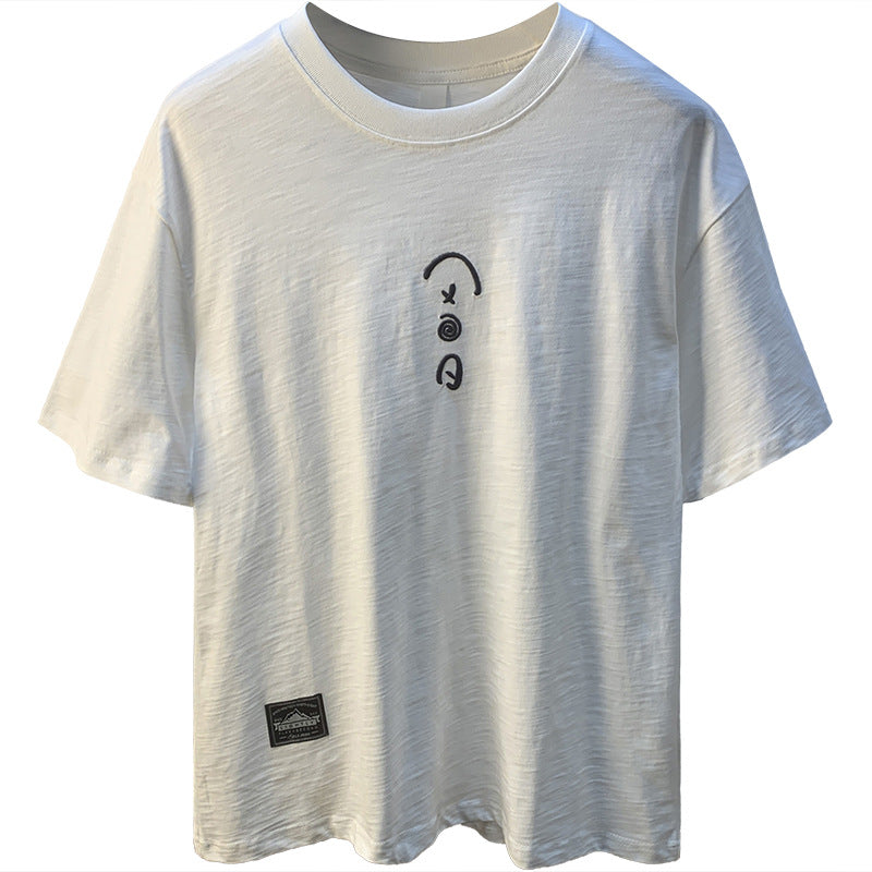 Cotton White T-shirt Men's Summer Thin Loose Plus Size Short-sleeve Embroidered - Your Shopify